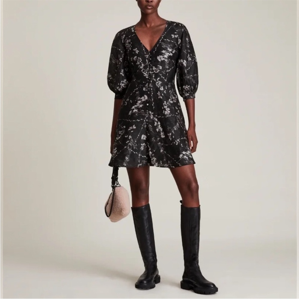 All Saints Ilora Freya Black Floral Silk/Linen Mini Dress Size 4